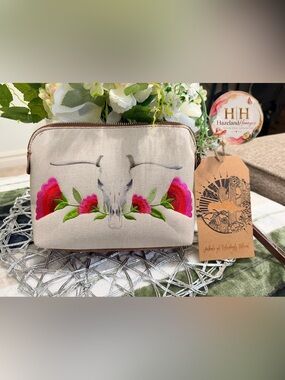 NWT:Catchfly Embroidered Floral Skull Canvas Pouch - Beige with Pink Flowers